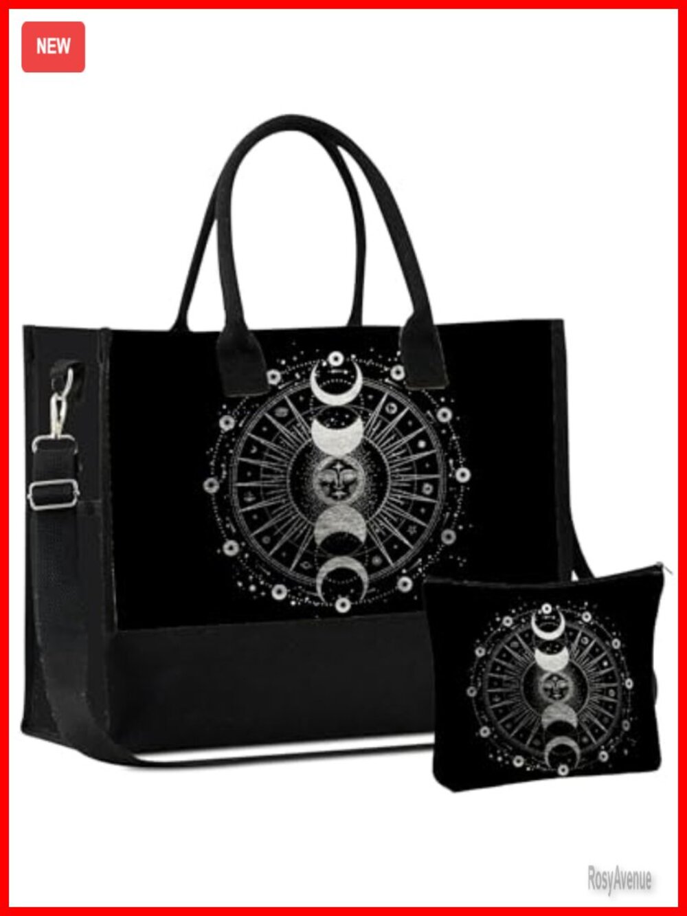 Canvas Tote Bag with Makeup Pouch Set Zip Top Adjustable Strap